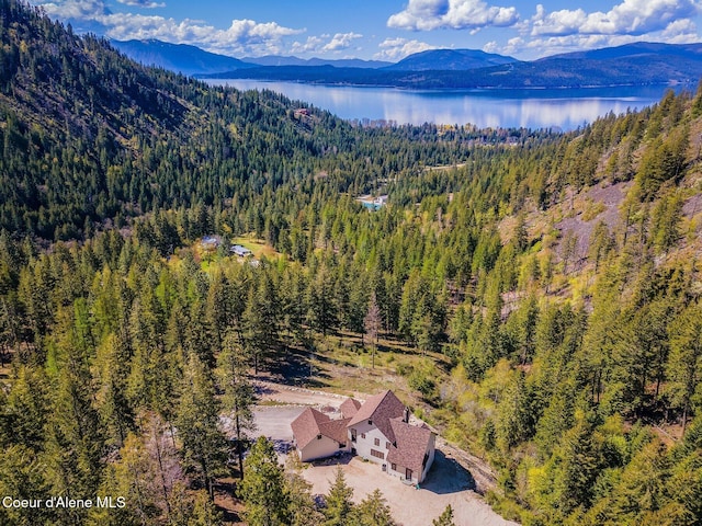 bird's eye view with a view of trees and a water and mountain view