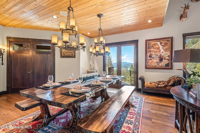 dining room featuring a notable chandelier, recessed lighting, wooden ceiling, and wood finished floors