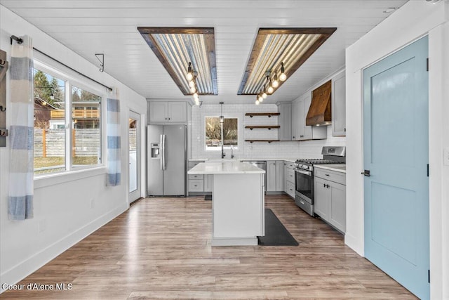 kitchen with light wood finished floors, premium range hood, light countertops, stainless steel appliances, and open shelves