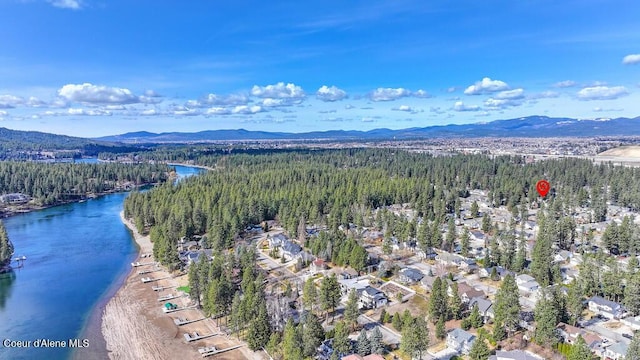 bird's eye view with a view of trees and a water and mountain view