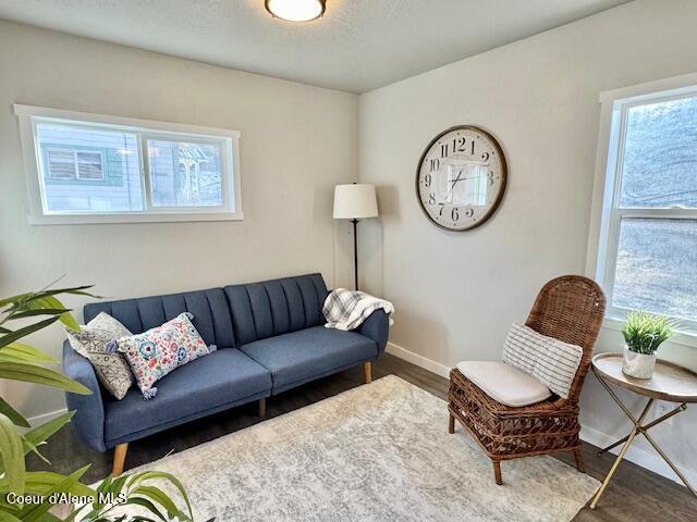 living area with baseboards and wood finished floors