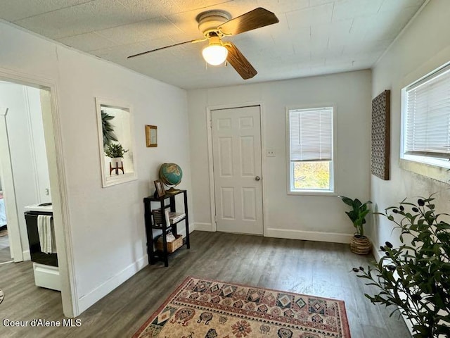 entrance foyer with ceiling fan, baseboards, and wood finished floors