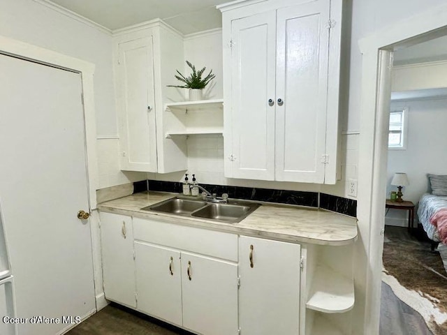 kitchen with white cabinets, open shelves, crown molding, and a sink