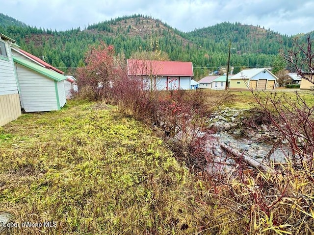 view of yard with a mountain view and a wooded view