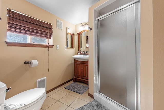 full bathroom with tile patterned flooring, visible vents, a shower stall, and vanity