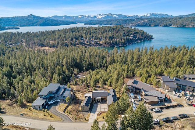 bird's eye view with a view of trees and a water and mountain view