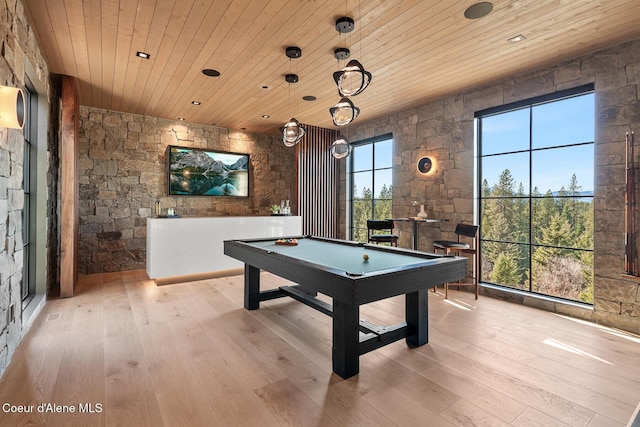 game room featuring wooden ceiling, billiards, and hardwood / wood-style floors