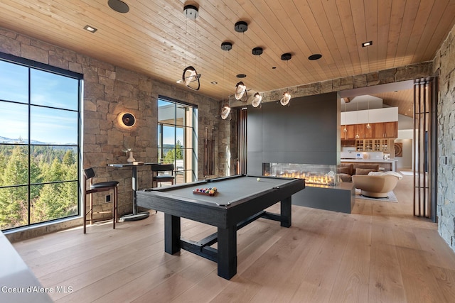 game room featuring wooden ceiling, hardwood / wood-style flooring, and billiards