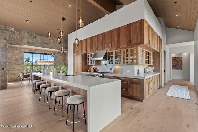 kitchen featuring under cabinet range hood, high vaulted ceiling, stove, and wood ceiling