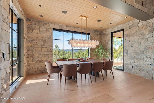 dining area featuring wood-type flooring and wood ceiling