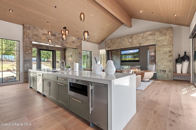 kitchen with a kitchen island with sink, a sink, light wood-style floors, wooden ceiling, and open floor plan