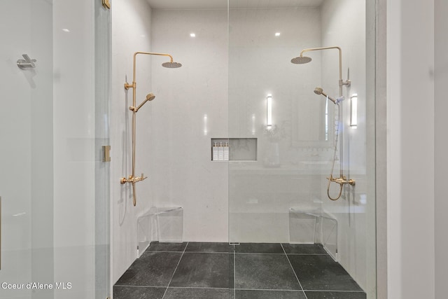 full bathroom with walk in shower and tile patterned flooring