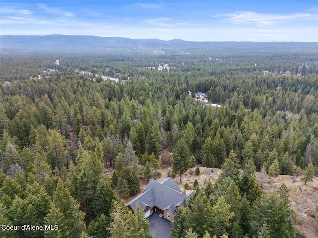 drone / aerial view featuring a mountain view and a wooded view