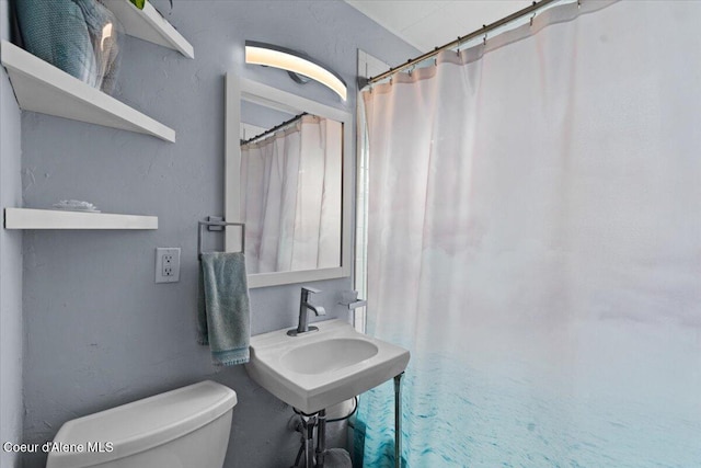 full bathroom featuring a sink, toilet, and a shower with shower curtain