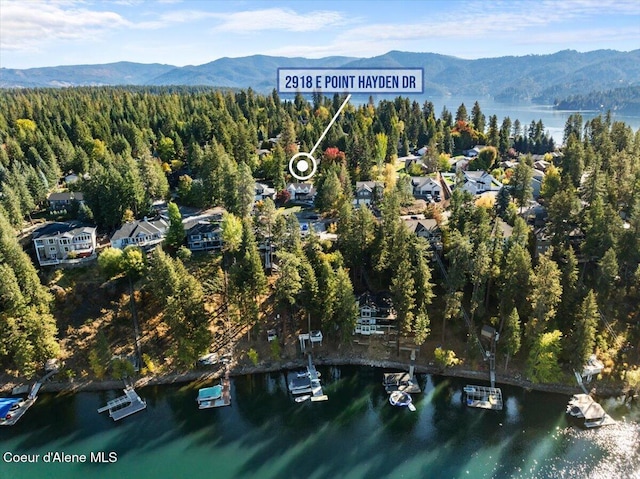 birds eye view of property featuring a wooded view and a water and mountain view