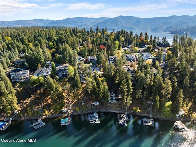 aerial view featuring a view of trees and a water and mountain view