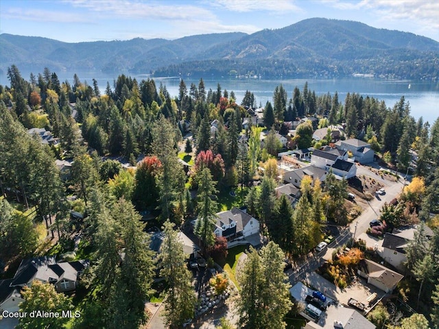 drone / aerial view with a water and mountain view