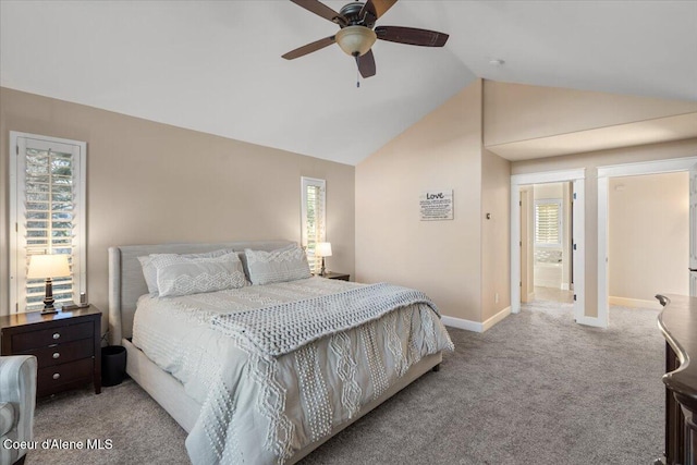 bedroom with baseboards, a ceiling fan, lofted ceiling, and carpet floors