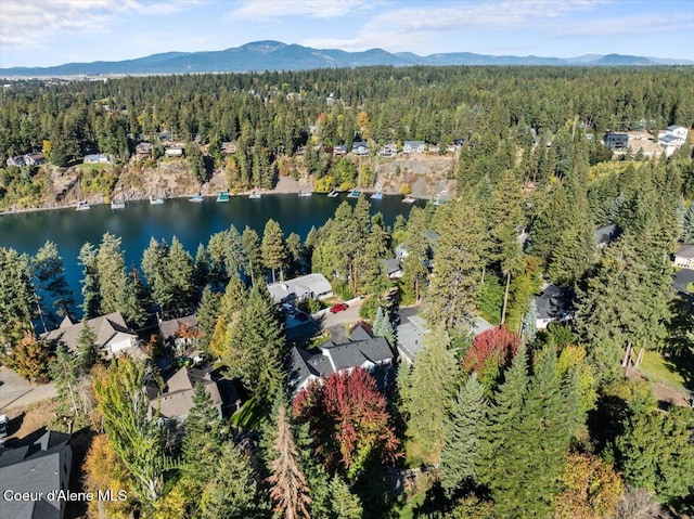 aerial view featuring a wooded view and a water and mountain view