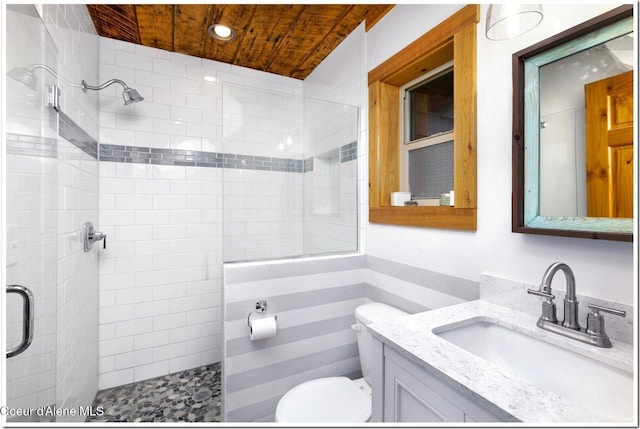 full bath with vanity, toilet, recessed lighting, wooden ceiling, and tiled shower