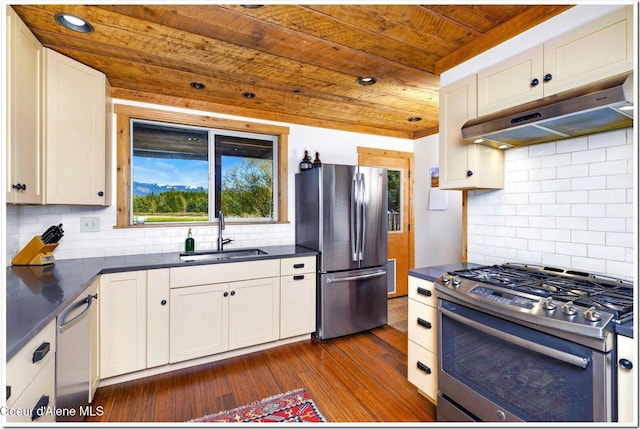 kitchen featuring a sink, wooden ceiling, stainless steel appliances, and dark countertops
