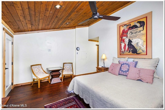 bedroom with baseboards, wood ceiling, and wood finished floors