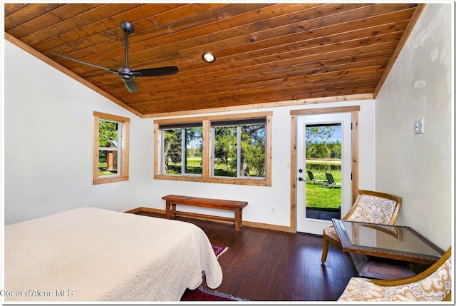 bedroom featuring access to outside, multiple windows, vaulted ceiling, and wooden ceiling