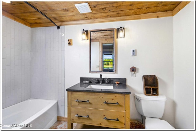 bathroom with shower / bathing tub combination, visible vents, wooden ceiling, vanity, and toilet