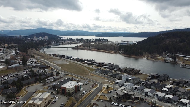 bird's eye view featuring a water and mountain view