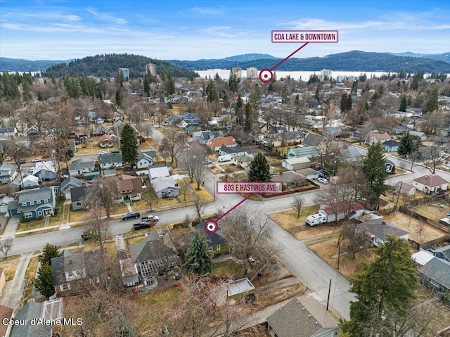 bird's eye view featuring a mountain view and a residential view