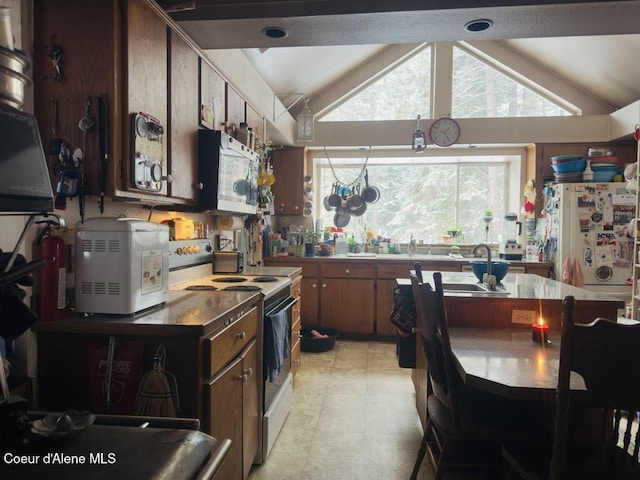 kitchen with stainless steel microwave, stainless steel counters, vaulted ceiling, range with electric stovetop, and freestanding refrigerator