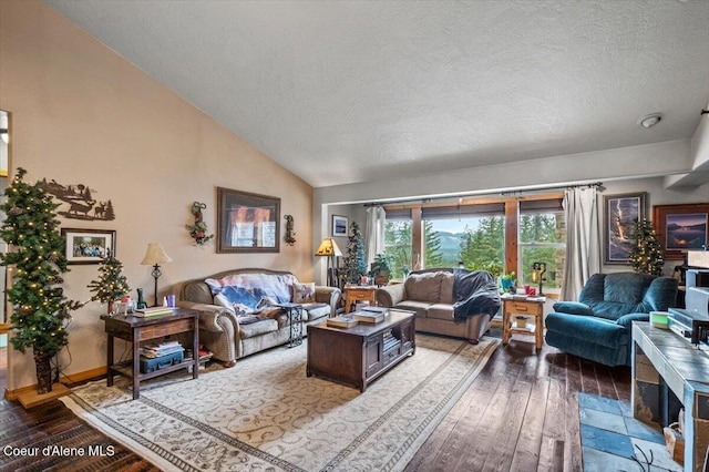 living room with high vaulted ceiling, a textured ceiling, and wood finished floors