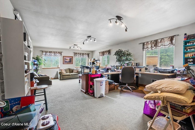 office area with a textured ceiling and carpet