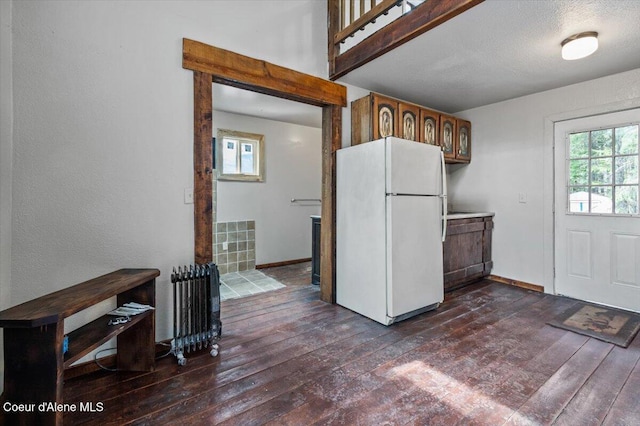 kitchen with dark wood-style floors, plenty of natural light, and freestanding refrigerator