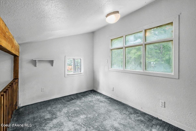 carpeted spare room featuring a textured ceiling, lofted ceiling, and a textured wall