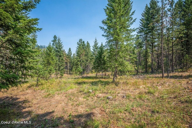 view of landscape featuring a forest view