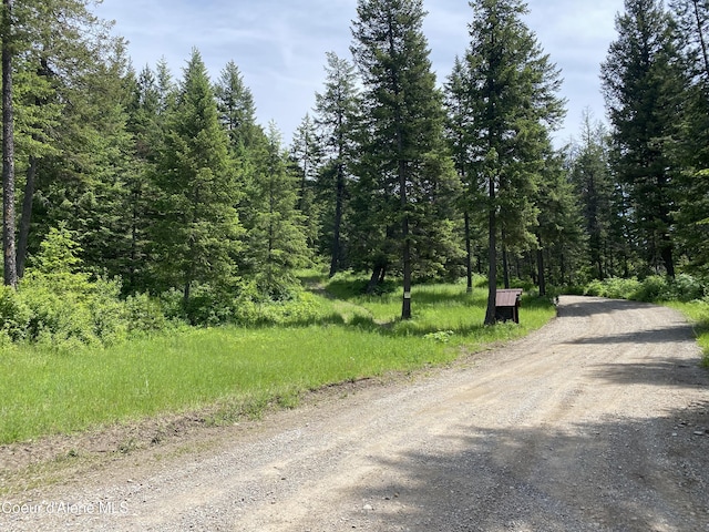 view of road featuring a forest view