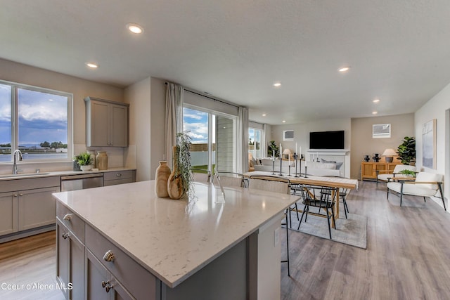 355 E Burdock Loop, Hayden, ID 83835 - kitchen with light wood finished floors, gray cabinetry, a center island, open floor plan, and a sink