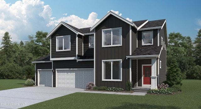 355 E Burdock Loop, Hayden, ID 83835 - view of front of house with driveway, a front lawn, board and batten siding, a shingled roof, and a garage