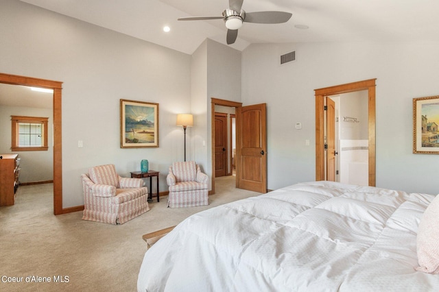 bedroom with light carpet, visible vents, high vaulted ceiling, and baseboards