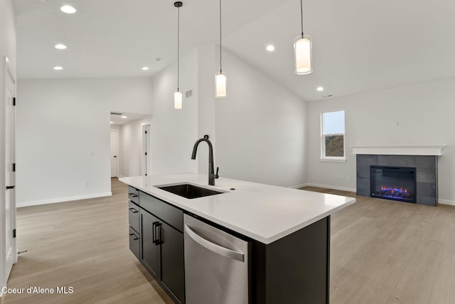 kitchen with vaulted ceiling, a sink, light wood-style flooring, and stainless steel dishwasher