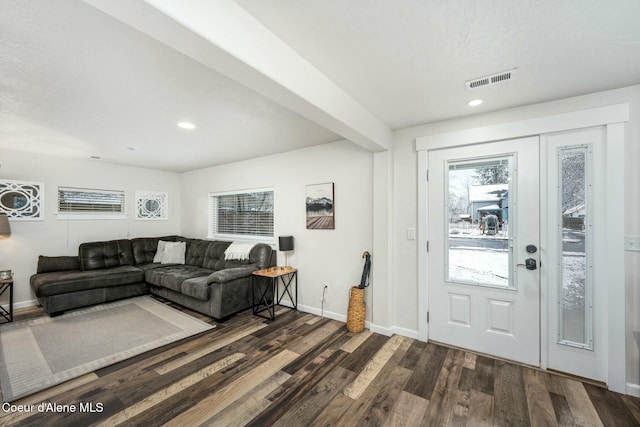 entrance foyer featuring visible vents, recessed lighting, baseboards, and dark wood-style flooring