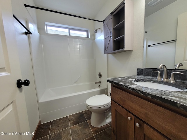 bathroom featuring shower / bathing tub combination, toilet, and vanity