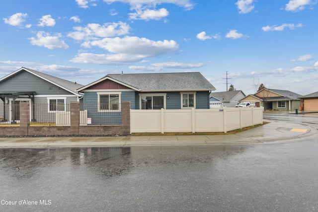 view of front of home featuring a fenced front yard and roof with shingles