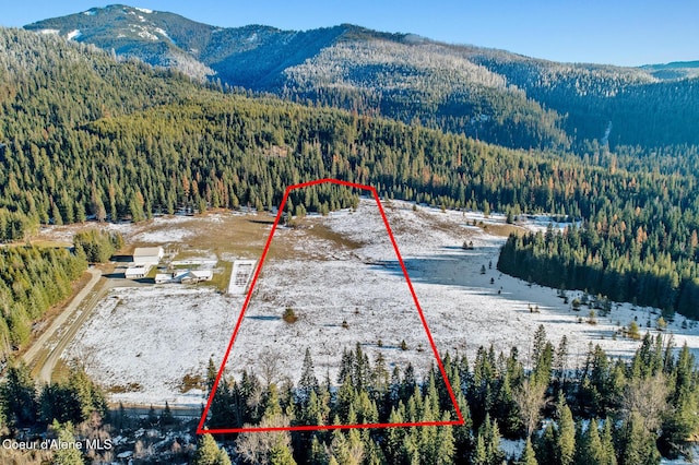 aerial view featuring a view of trees and a mountain view