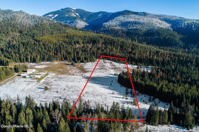 snowy aerial view featuring a view of trees and a mountain view