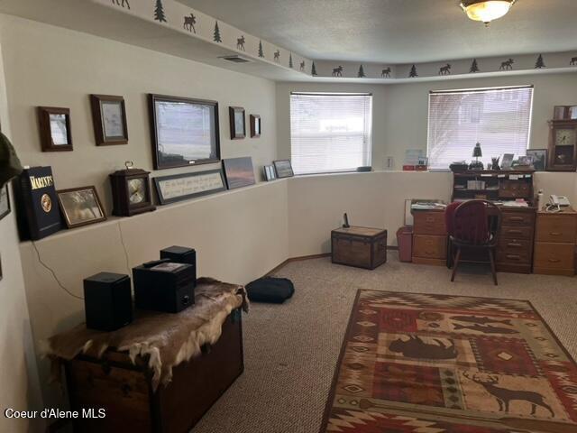 office area featuring visible vents, a healthy amount of sunlight, and carpet floors