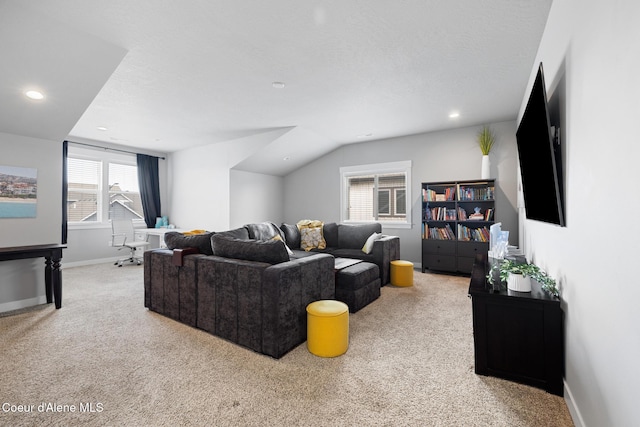 carpeted living room featuring recessed lighting and baseboards