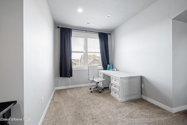 office area with visible vents, baseboards, light carpet, recessed lighting, and a textured ceiling