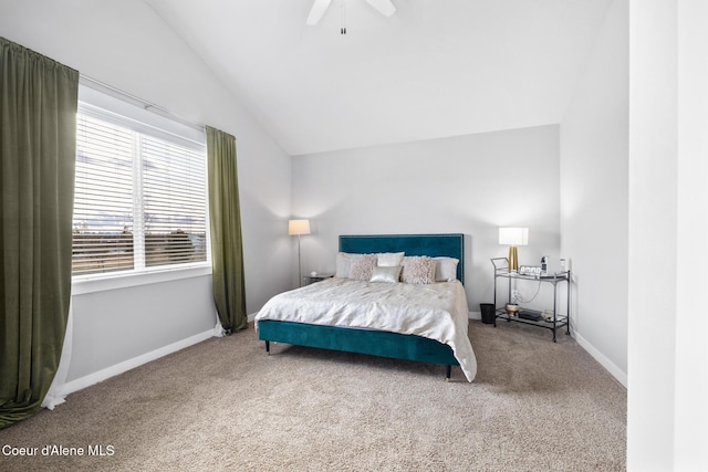 bedroom with baseboards, carpet floors, a ceiling fan, and vaulted ceiling